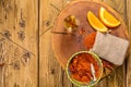 Mezcal shot mexican drink with orange slices, chili pepper and worm salt in oaxaca mexico. Top view with copy space . Flat lay.