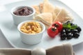 Meze with tomato, olives, and pita bread