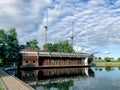 Mezhyhirya, Ukraine - August 2020: Ship on the lake