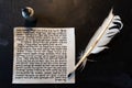 Mezuzah parchment made from animal skin with the full text of the Shema Yisrael Jewish prayer in Hebrew and the feather quill and Royalty Free Stock Photo