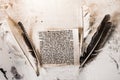 Mezuzah parchment made from animal skin with the full text of the Shema Yisrael Jewish prayer in Hebrew and the feather quills