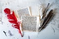 Mezuzah parchment made from animal skin with the full text of the Shema Yisrael Jewish prayer in Hebrew and the feather quills