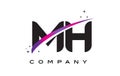 MH M H Black Letter Logo Design with Purple Magenta Swoosh