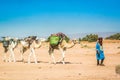 MHamid, Morocco - October 10, 2013. Young berber walking on desert Sahara in traditional clothes with loaded camels