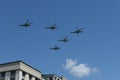 Mi-35M attack helicopters in the sky over Moscow during the parade dedicated to the 75th anniversary of Victory in the Great Patri Royalty Free Stock Photo