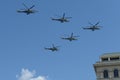 Mi-35M attack helicopters in the sky over Moscow during the parade dedicated to the 75th anniversary of Victory in the Great Patri Royalty Free Stock Photo