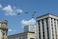 Mi-35M attack helicopters in the sky over Moscow during the parade dedicated to the 75th anniversary of Victory in the Great Patri