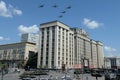 Mi-35M attack helicopters in the sky over Moscow during the parade dedicated to the 75th anniversary of Victory in the Great Patri Royalty Free Stock Photo