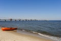 MiÃâ¢dzyzdroje, Poland - June 2018: Red boat WOPR on the beach on a sunny summer day Royalty Free Stock Photo