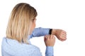 Mi fit band on female wrist Royalty Free Stock Photo