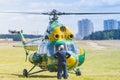 MI-2 Helicopter on Air During Aviation Sport Event Dedicated to the 80th Anniversary of DOSAAF Foundation