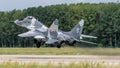 MiÃâsk Mazowiecki, Poland - August 14, 2014: Polish Air Force MiG-29 fighter jet at EPMM military airport Royalty Free Stock Photo