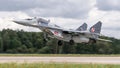 MiÃâsk Mazowiecki, Poland - August 14, 2014: Polish Air Force MiG-29 fighter jet at EPMM military airport Royalty Free Stock Photo