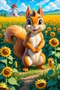 A miachievous and adorable squirrel with a field of golden sunflowers blooms, Van Gogh style