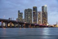 Miami. Bayside miami downtown behind MacArthur Causeway shot from Venetian Causeway, night. Royalty Free Stock Photo