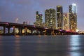 Miami. Bayside miami downtown behind MacArthur Causeway shot from Venetian Causeway, night. Royalty Free Stock Photo