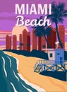 Miami Beach, City Skyline, Retro Poster. Sunset, Lifeguard house, coast, surf, ocean. Vector illustration vintage