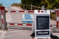 Miami Beach closed sign. Police restrictions in Florida US. Covid 19, social lockdown in US America. Social distancing Royalty Free Stock Photo