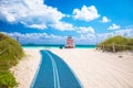 Miami Beach colorful sand beach and lifeguard post jetty view, Florida Royalty Free Stock Photo