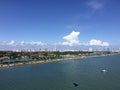 Miami Beach downtown coast bridge palms highway, boat and skyscrappers view from the deck of the cruise ship, Florida, US