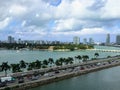 Miami Beach downtown coast palms highway and skyscrappers view from the deck of the cruise ship, Florida, US