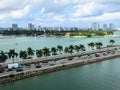 Miami Beach downtown coast palms highway and skyscrappers view from the deck of the cruise ship, Florida, US