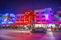 MIAMI BEACH, FL - FEBRUARY 2016: A car parked in front of south beach with lights, Ocean Boulavard, Miami Beach Royalty Free Stock Photo