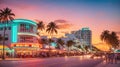 Miami Beach, Florida hotels and restaurants at sunset Royalty Free Stock Photo