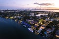 Miami Beach, Florida Aerial of an affluent residential neighborhood, with the Miami skyline in the distance