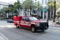 Miami Beach, Florida USA - April 15, 2021: red ford fire rescue truck in miami beach side front view