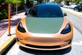 Miami Beach, Florida USA - April 14, 2021: tesla model y, front view. electric crossover.