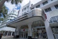 Miami Beach, Florida, USA - Aug 05, 2023: The Lincoln Theater , an art deco building along Lincoln Road. H&M is the tenant at the