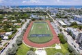 Miami Beach, Florida, USA - Aug 5, 2023: Aerial of Abel Holtz Stadium, a track and field oval and football field. Part of Flamingo