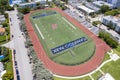 Miami Beach, Florida, USA - Aug 5, 2023: Aerial of Abel Holtz Stadium, a track and field oval and football field. Part of Flamingo