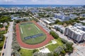 Miami Beach, Florida, USA. Aerial of Abel Holtz Stadium, a track and field oval and football field. Part of Flamingo