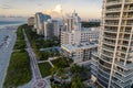 Miami Beach, Florida, USA -Morning aerial view of luxury condominiums and hotels with the Miami skyline in the Royalty Free Stock Photo