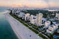 Miami Beach, Florida, USA. Morning aerial view of luxury condominiums and hotels with the Miami skyline. Royalty Free Stock Photo