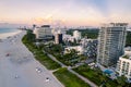 Miami Beach, Florida, USA. Morning aerial view of luxury condominiums and hotels with the Miami skyline. Royalty Free Stock Photo