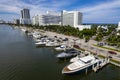 Miami Beach, Florida, USA - Aug 5, 2023: Yachts and other boats available for charter docked along Indian Creek Drive