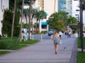 Miami beach, Florida, USA. August 2019. Beautiful woman is walking with dog in the boardalk of South Beach