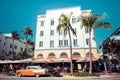 MIAMI BEACH, FLORIDA, USA - FEBRUARY 18, 2018: Vintage Car Parked along Ocean Drive in the Famous Art Deco District in South