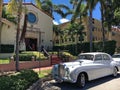 Bride and groom luxury car in front of church in Miami beach