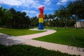 Miami Beach, Florida, USA - May 26, 2020: Sculpture in the South Beach Park. Art. Multi-colored tower in the park. City