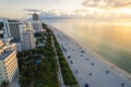 Miami Beach, Florida, USA - Sunrise aerial view of luxury condominiums and hotels with the Miami skyline in the distance Royalty Free Stock Photo