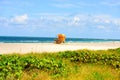 Miami Beach, Florida, USA sunrise and life guard tower. Sandy Tropical Scene. Royalty Free Stock Photo