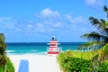 Miami Beach, Florida, USA sunrise and life guard tower. Travel location ocean concept. Royalty Free Stock Photo