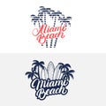 Miami Beach hand written lettering with palms and surfboards for tee print, label, badge.