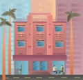 Miami Beach House, Hotel On Ocean Drive In Florida, USA. Handmade Drawing Vector Stock Illustration Hotel, Palms, Two