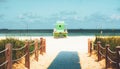 Miami Beach Lifeguard Stand in the Florida sunshine. Sunny summer day, with blue sky and Atlantic Ocean. Royalty Free Stock Photo