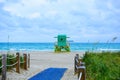 Miami Beach with lifeguard tower and coastline with colorful cloud and blue sky. South Beach. Panorama of Miami Beach Royalty Free Stock Photo